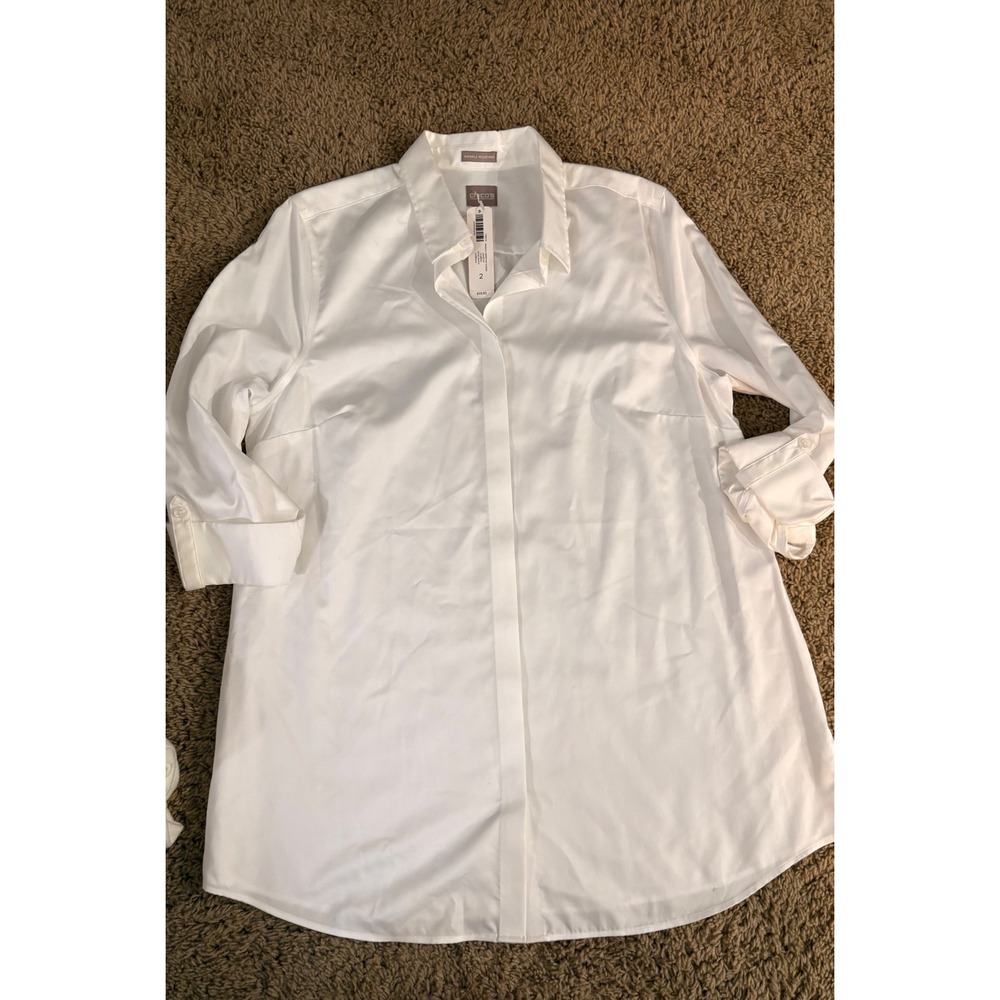 NWT Chicos No Iron White Button Down Long Sleeve Wrinkle Resistant Sz 2 or 12 lg